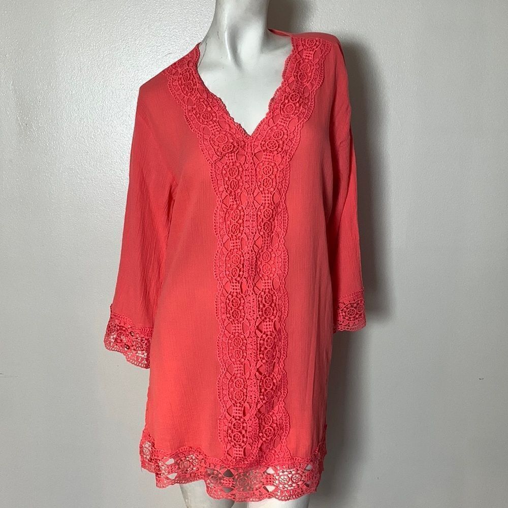Isaac Mizrahi New York Womens gauze tunic top shirt medium lightweight crochet